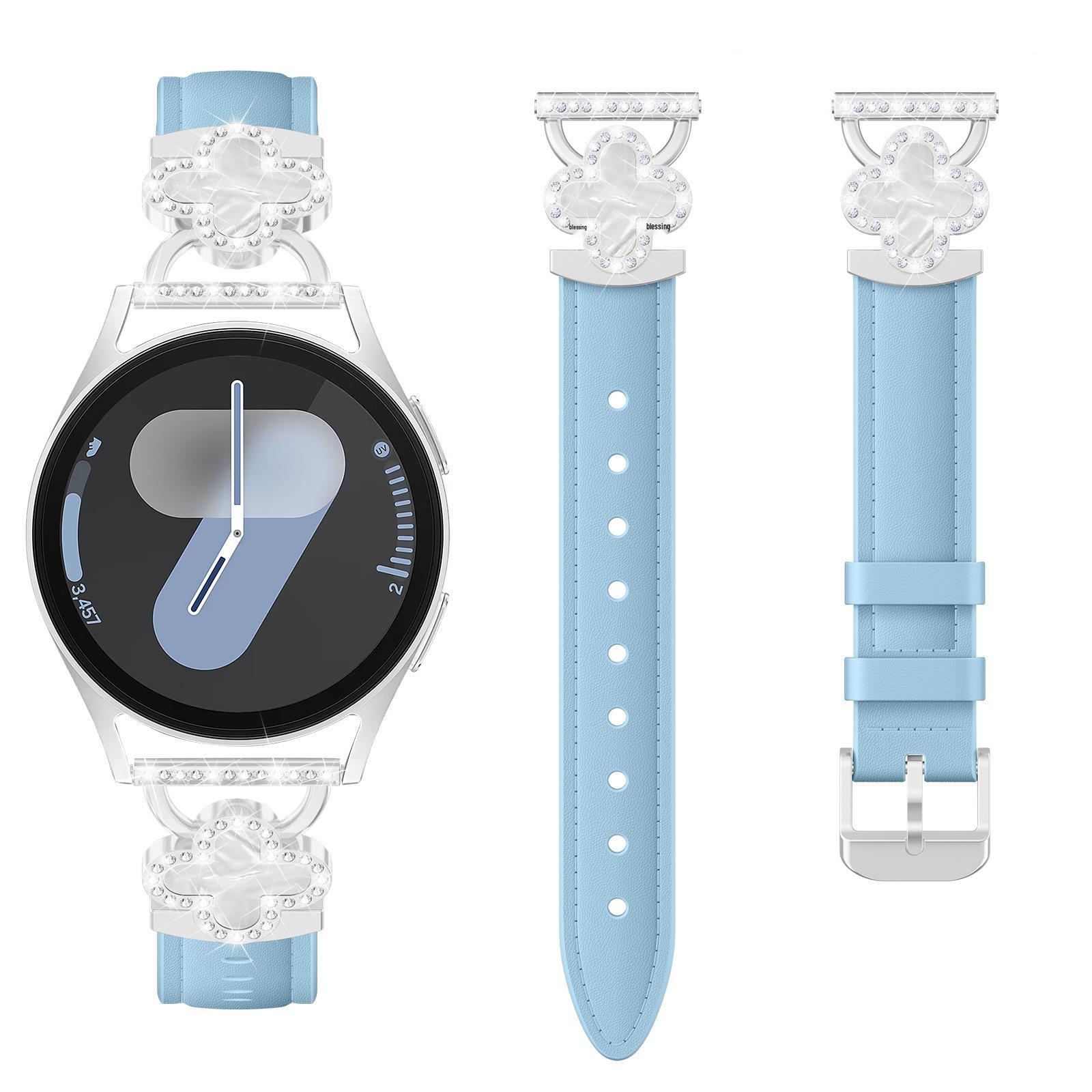 Samsung-Compatible Genuine Leather Rhinestone Four-Leaf Clover 20mm Watch Strap 20mm