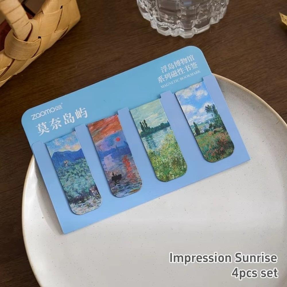 

4Pcs New Magnetic Magnetic Bookmarks Artistic Designs Retro Book Markers Thin Monet Gallery Page Clips Office Supplies