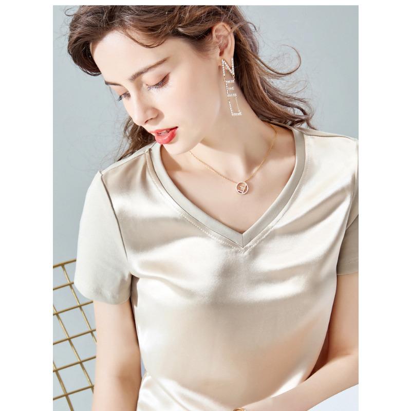 

Лучшая женская летняя новая тенденция корейской версии женской одежды свободная сращивающаяся футболка с V-образным вырезом и короткими рукавами 3XL