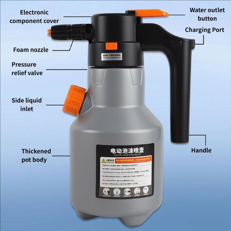 75 Degree Wide Angle USB Rechargeable Foam Sprayer Guns With 2 Liter Container And Fan Shaped Misting For Auto Detailing