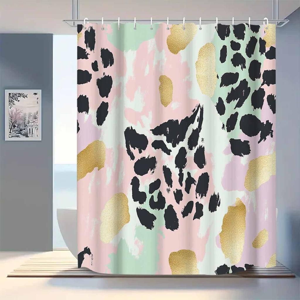 1 Fashion Leopard and Gold Foil Print Shower Curtain - Abstract Watercolor Design, Polyester, with 12 Hooks, Bathtub Accessories