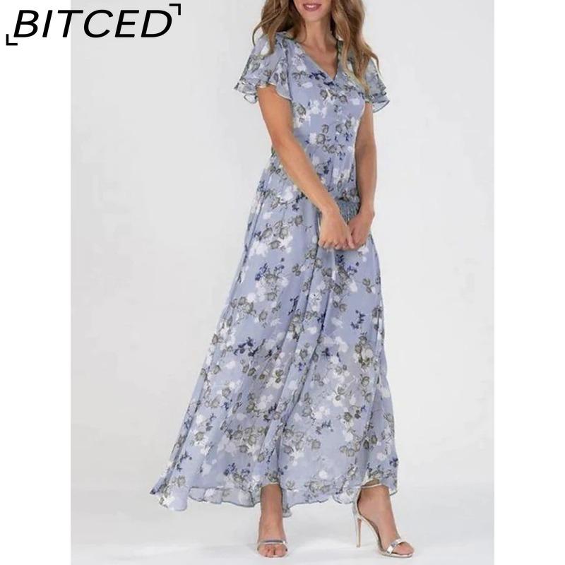 BITCED 6 Color V-neck Ruffle Maxi Dress Short Sleeves Fitted Waist High Waist Flowy Hem Cute Floral Chiffon Dress Women Clothing