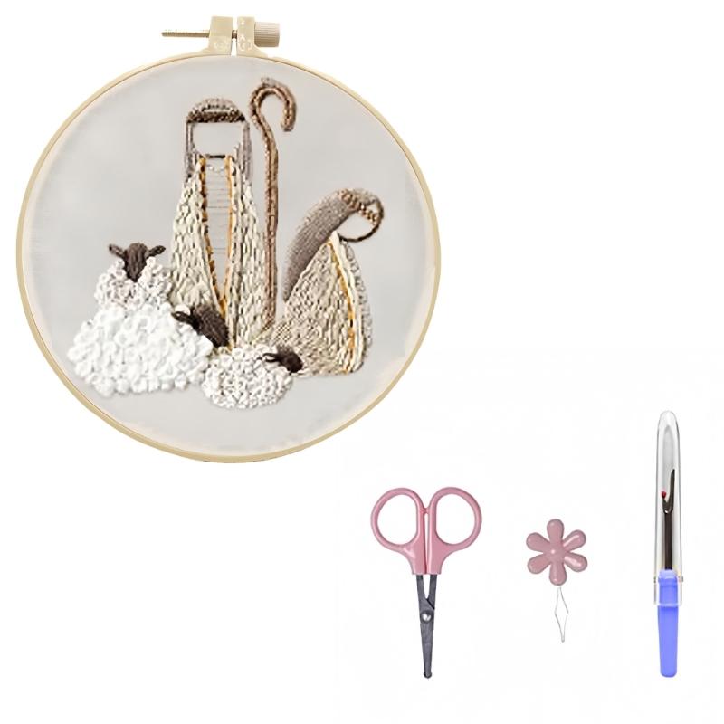 Religious Embroidery Set with Embroidery Hoop Instruction Beginner Stitching Craft Set with Embroidery Thread and Needle