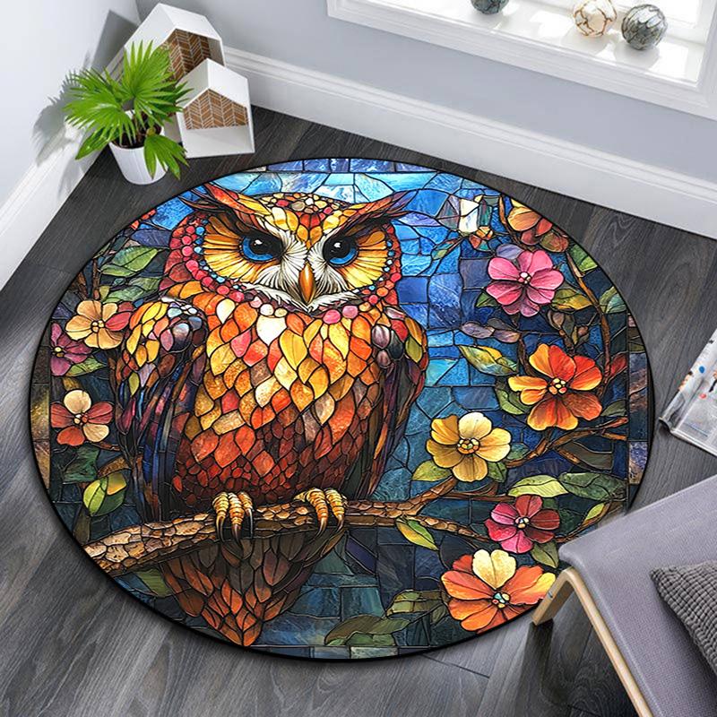 Owls and Flowers Round Area Rug,Carpet Rug for Living Room Bedroom Sofa Playroom Decor,Non-slip Floor Mat
