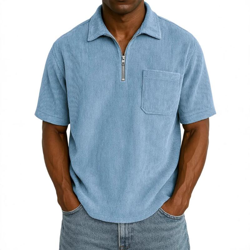 Men Corduroy Half Zip Short Sleeve Polo Shirt With Chest Pocket Casual Top S синий