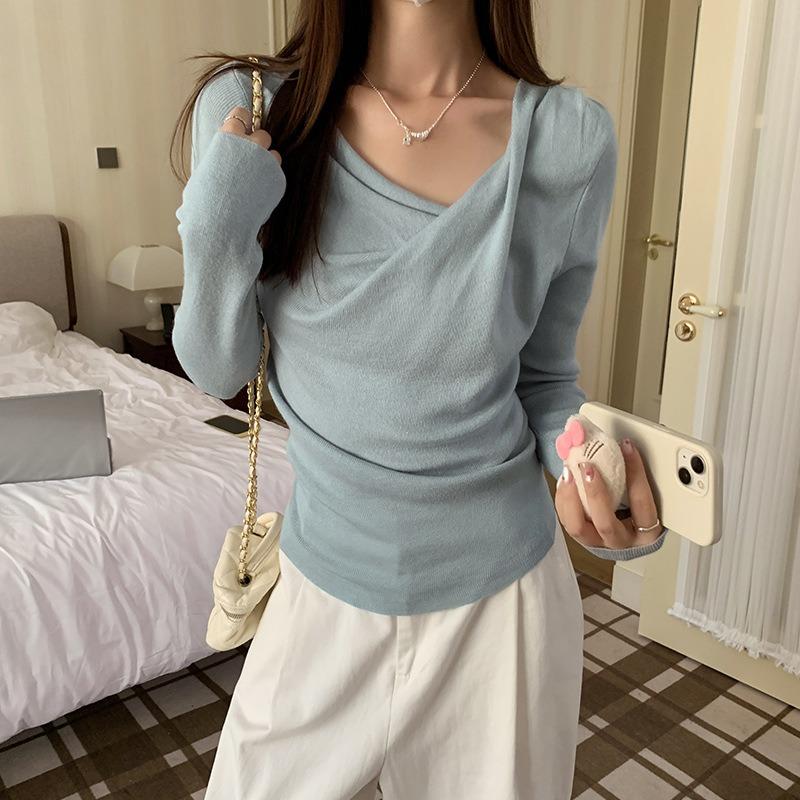 French Swing Collar Long Sleeve Bottoming Sweater Women's Autumn Side Pleated Waist Diagonal Shoulder Sweet Spicy Inner Top
