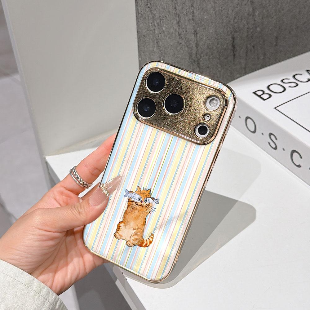 

Lucky Start Phone Case For iPhone 17 16 15 14 13 12 11 Pro Max 16E Gold Electroplated glass shell Cat with Fish Cover IPHONE11PROMAX