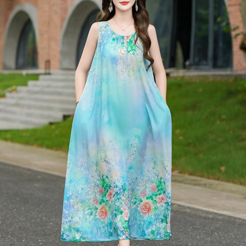 Damen Sommerkleid Vintage Kleidung Lässig Ärmellos Lange Kleider