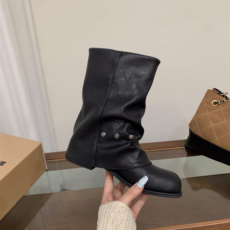 Podpatek Černé Martensky Dámské Boty 2025 Nové Jaro a Podzim Lokomotivní Střední Boty Kalhotové Boty se Sukní Krátké Boty