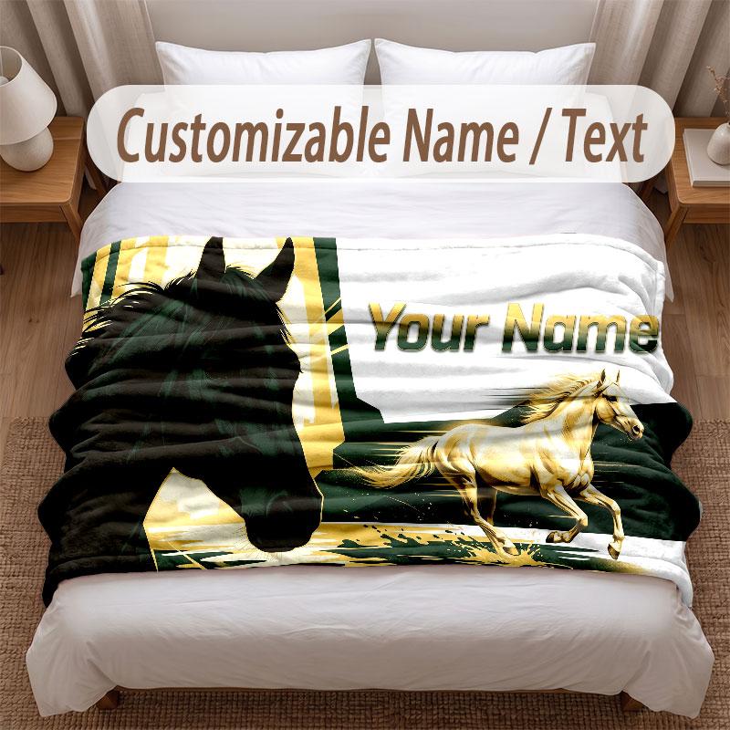Horse Theme Soft Blanket Personalized Custom Name Text Print Warm Blanket Home Sofa Bedroom Decor