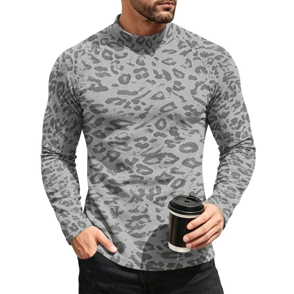 Men's Leopard Print Long Sleeve Crewneck Base Layer Shirt for Fall Winter Everyday Wear