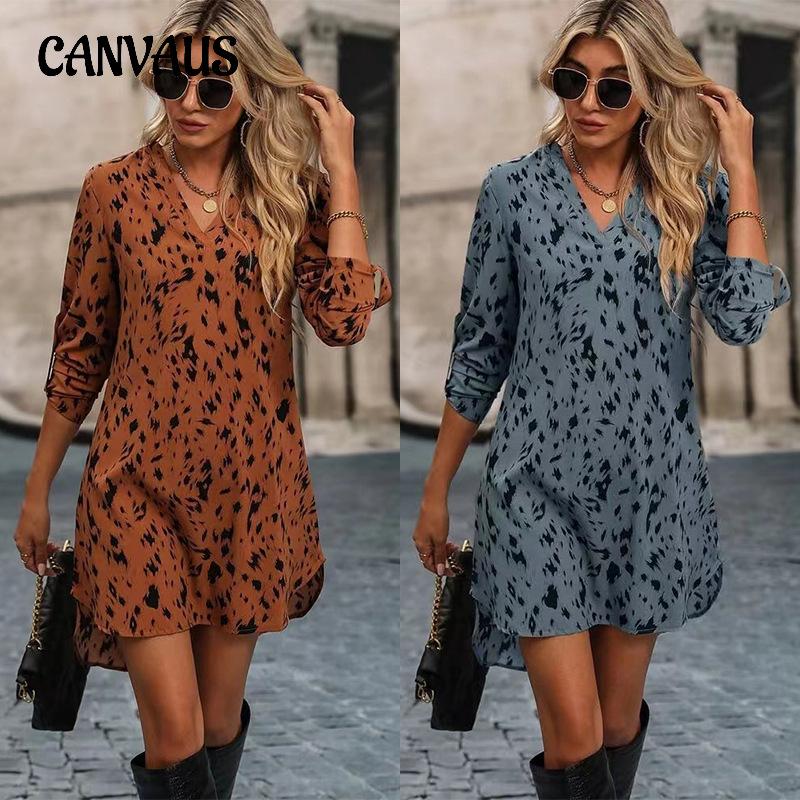 Vestido de mujer de primavera y verano Vestido de manga larga con cuello alto a la moda de leopardo delgado