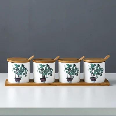 Kitchen seasoning tools ceramic seasoning jar set marble pattern cruet bamboo tray kitchen supplies seasoning box salt shaker