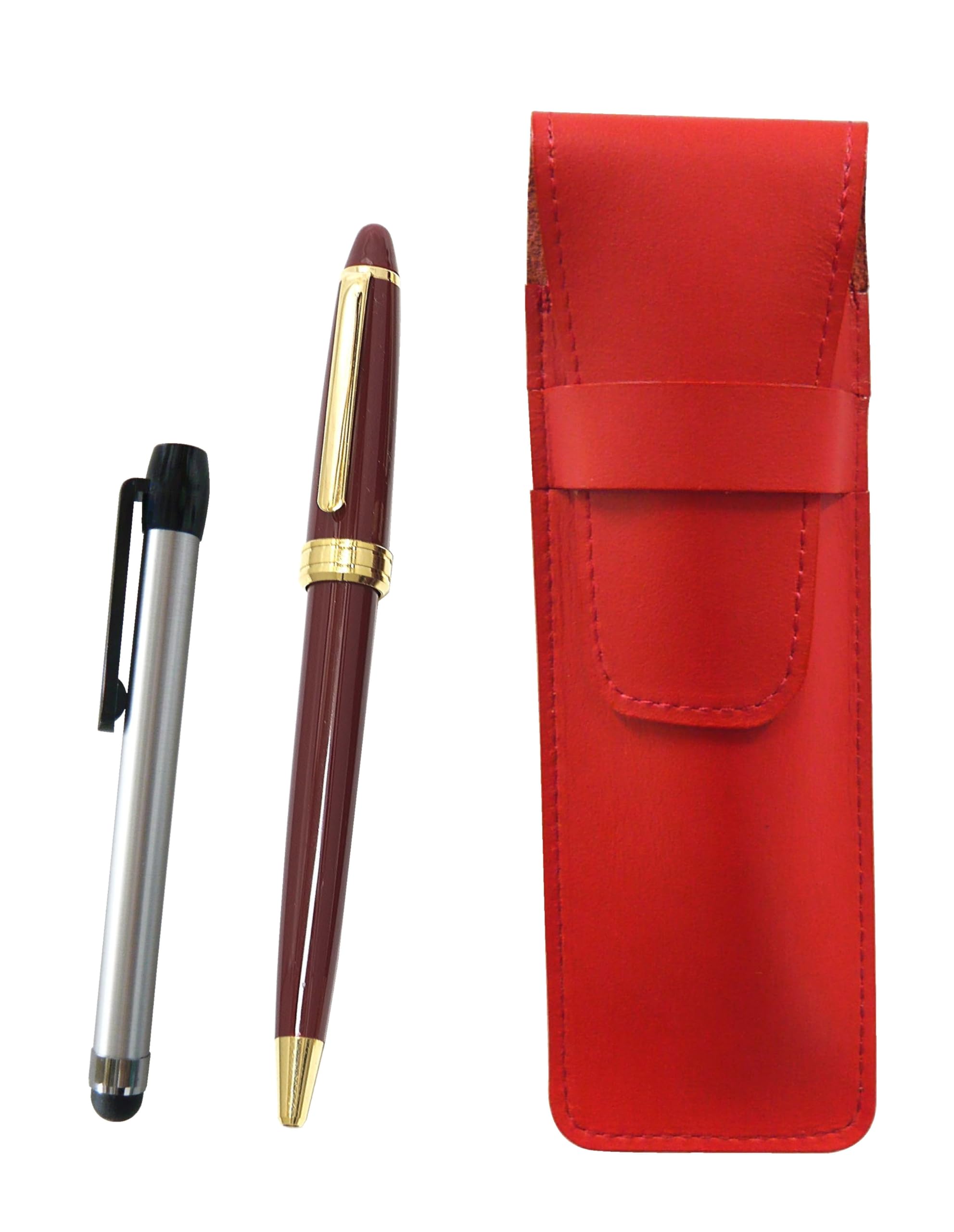 

Тонкий пенал из коровьей кожи с металлической сенсорной серебристой ручкой и набором шариковых ручек Neo, упаковка из двух штук (красный) Д-600 (красный) ASR-ALST-600B-R-2