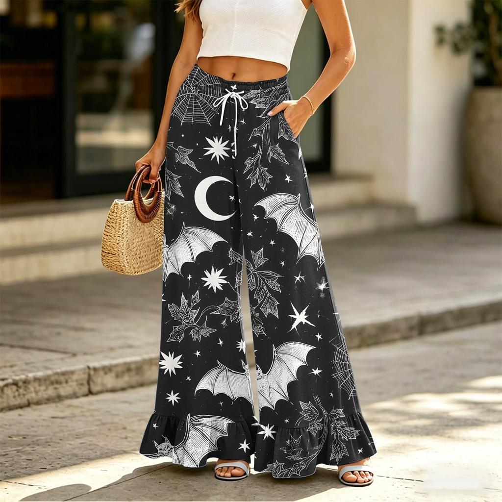 Women's High Waist Drawstring Wide Leg Pants with Pockets Halloween Print Loose Casual Trousers