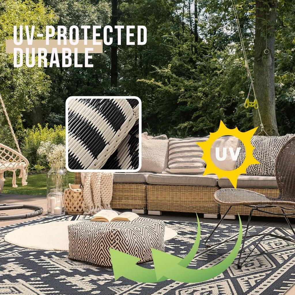 Olanly Reversible Plastic Outdoor Rugs For Patio Non-slip Waterproof Rugs For Camping Large Foldable Fashion Carpets For Rooftop