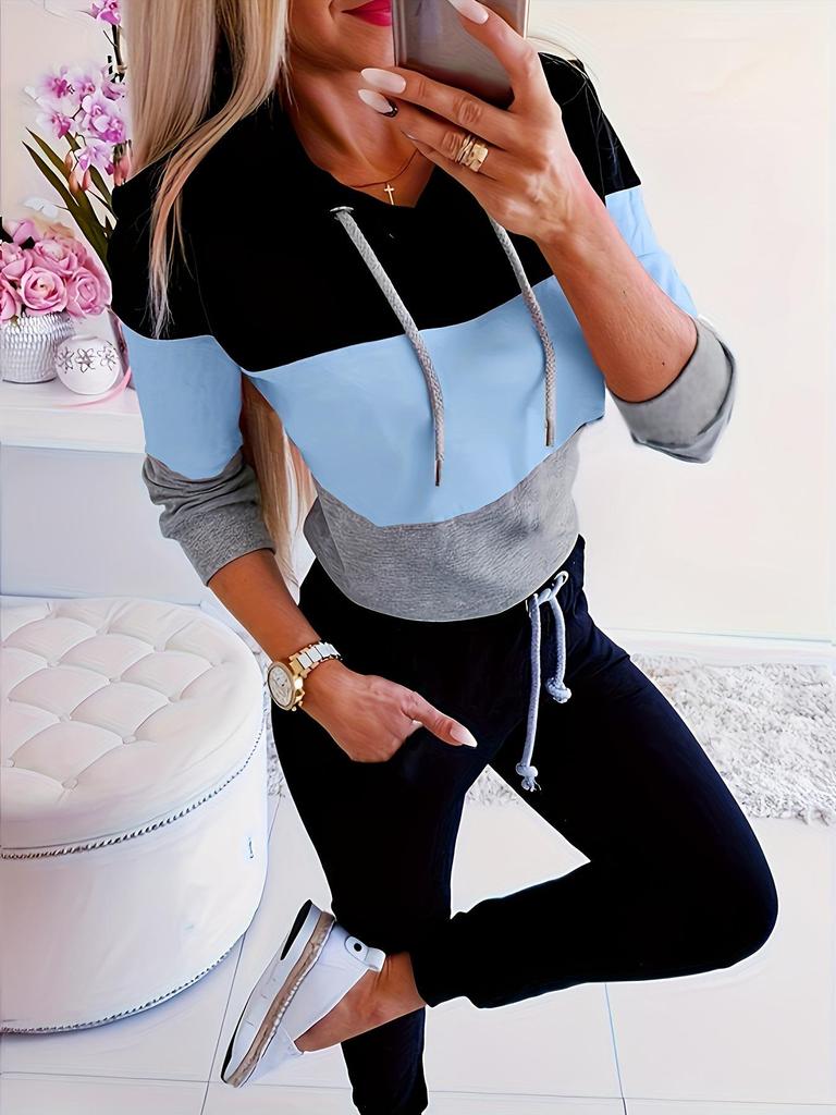 2025 Spring Long Sleeve Casual Color Block Hoodie Sweatshirt