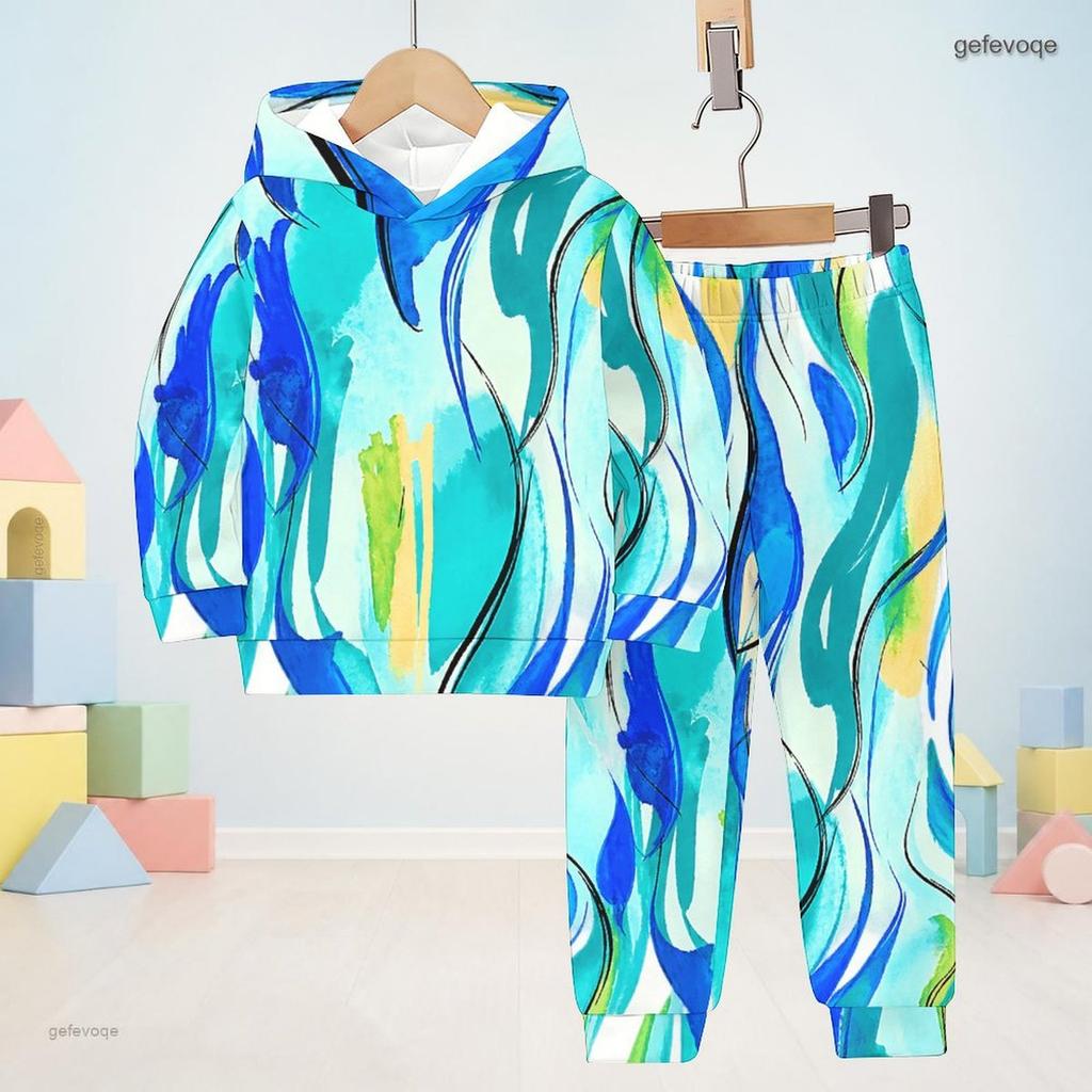 Kids Printed Hooded Long Sleeve Sweatshirt Cuffed Pants Two Piece Set Blue Pink White