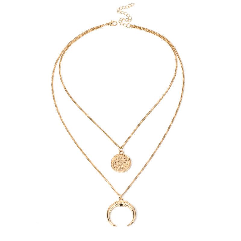 2019 European and American fashion trendy brand alloy jewelry, exaggerated personality multi-layer moon disc pendant necklace