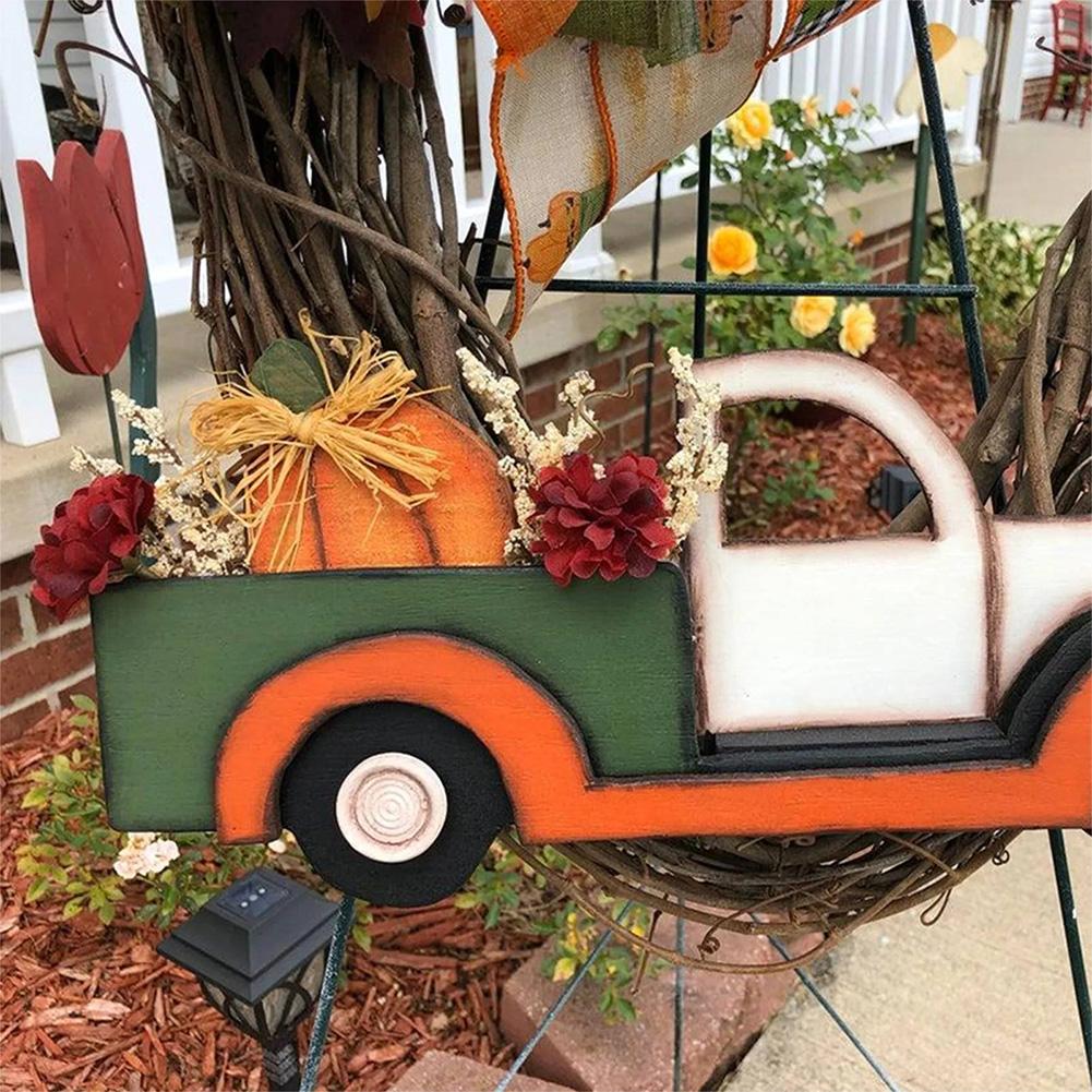 40CM Fall Pumpkin Cart Wreath Pendant Halloween Pumpkin Truck Garland for Front Door Windows Farmhouse Theme Festive Party Decor