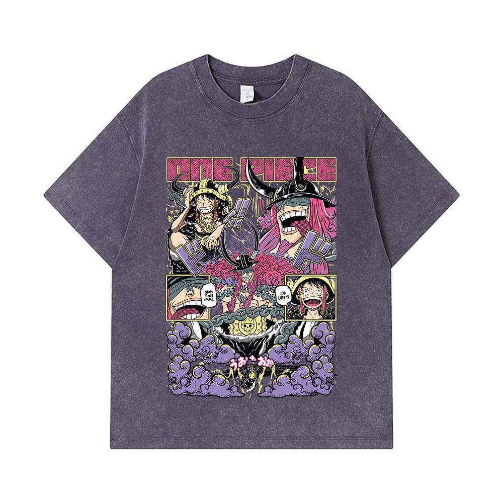 275 GSM Washed T-shirts 100% Cotton One Piece V50 Luffy Loki Print Unisex Heavy Cotton T Shirt