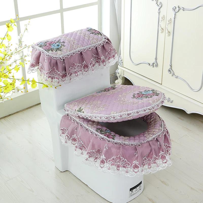 Μαξιλάρι οικιακής τουαλέτας σετ τριών τεμαχίων Δαντελένιο υφασμάτινο χαλάκι τουαλέτας Λουλούδια ευρωπαϊκού στυλ Κάλυμμα καθίσματος τουαλέτας