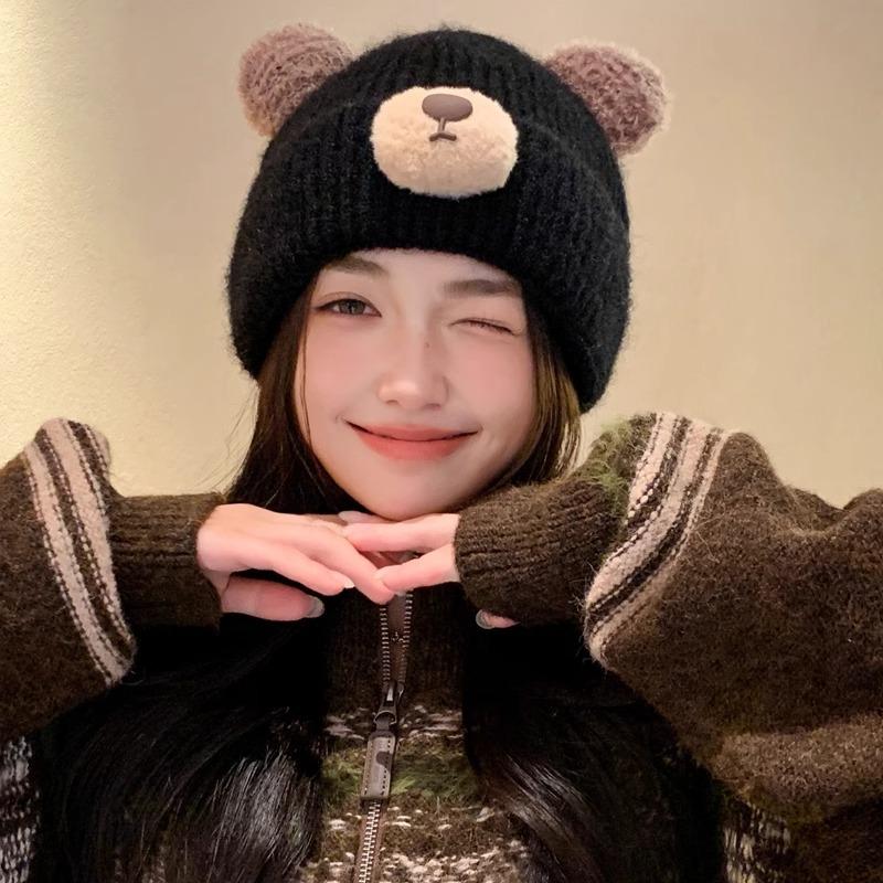 Cartoon Bear Knitted Wool Hat for Women In Autumn and Winter Thickened Warm and Cold Protection Cute Versatile Ear Protection Bag Head Cold Hat