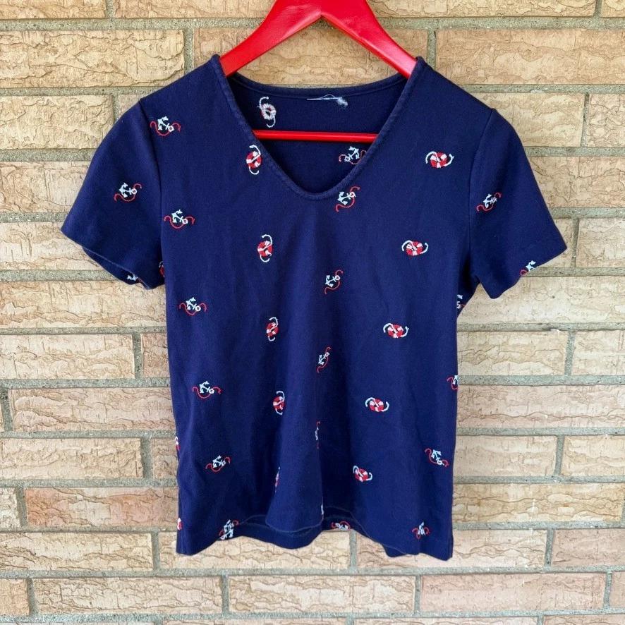 60s 70s French Cut v-neck t-shirt size XS/S embroidered anchors nautical vintage 4XL