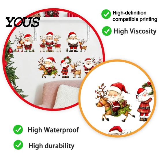 Festive Wall Decorations Christmas Stickers, Watercolor Santa Claus Reindeer Decals, Self-Adhesive Art Stickers for Living Room Bedroom Entryway