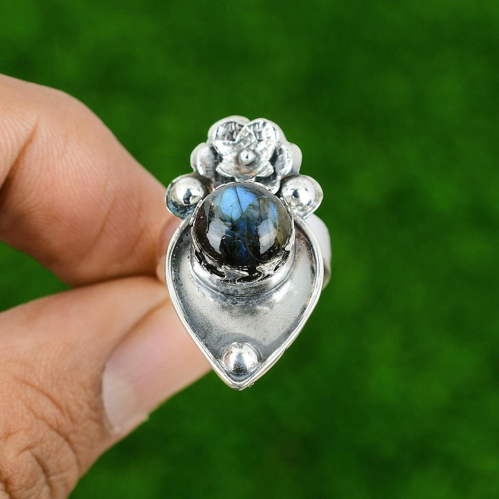 Gift For Her 925 Silver Natural Labradorite Stackable Flower Adjustable Ring