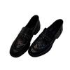 [Armano] Loafers Women's Retro British Style Round Head Rivet Pleated One Pedal Thick Heel Black Small Leather Shoes