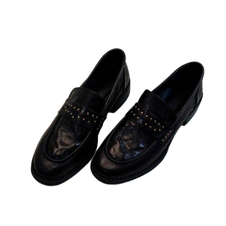 [Armano] Loafers Women's Retro British Style Round Head Rivet Pleated One Pedal Thick Heel Black Small Leather Shoes