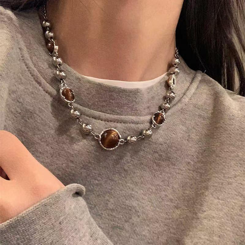 Melaleuca Tiger Eye Stone Necklace - High-End French Retro Clavicle Chain, New Style Accessory