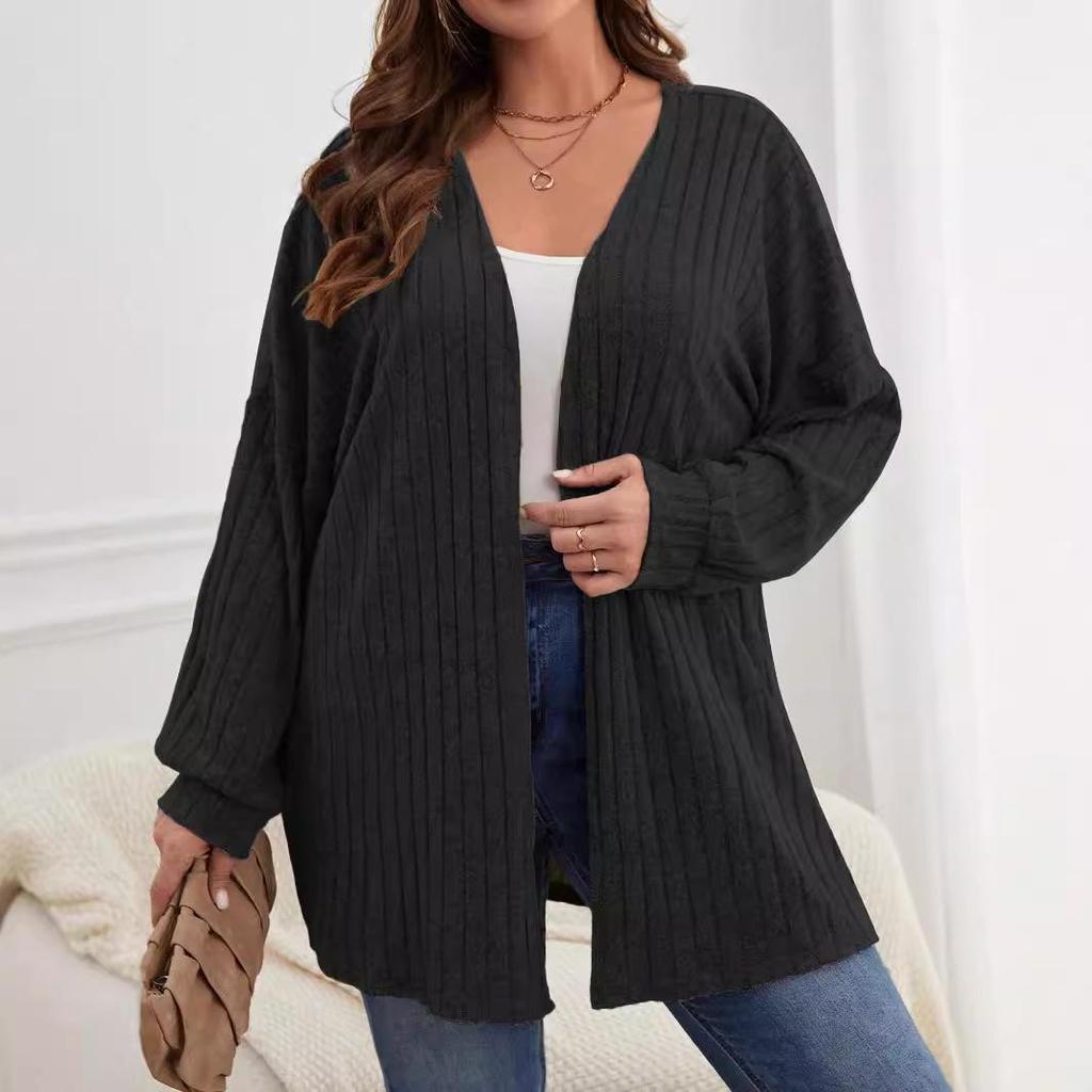 Brushed Solid Color Knit Plus Size Women's Coat - Autumn & Winter, Long-Sleeved, Loose Mid-Length
