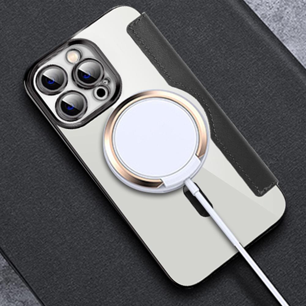 For iPhone 11 Pro Max 6.5 inch Compatible with MagSafe RFID Blocking Card Slots PU Leather+TPU Electroplating Clear Back Flip Case with Lens Film