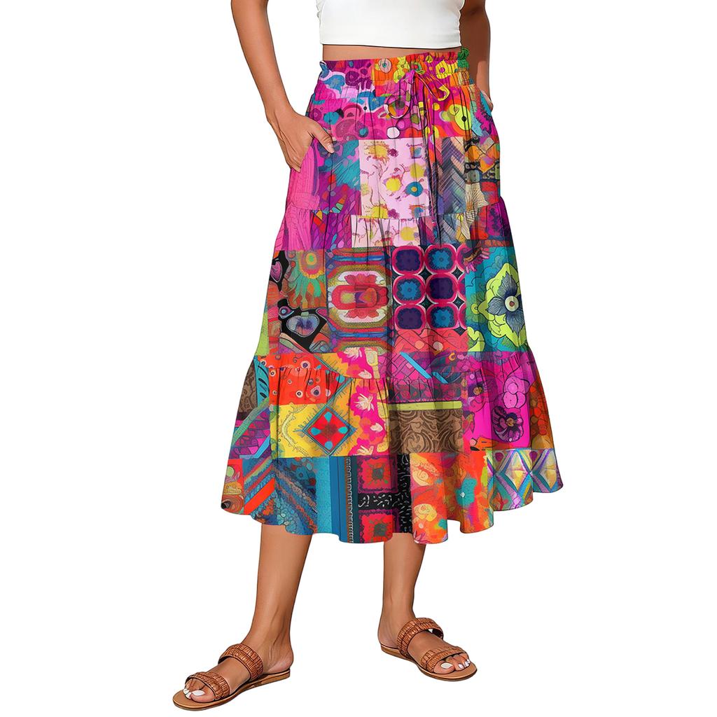 Maxirock für Damen mit Kordelzug, hohe Taille, lange Sommerröcke, leicht, gestuft, fließend, geblümt, Faltenröcke