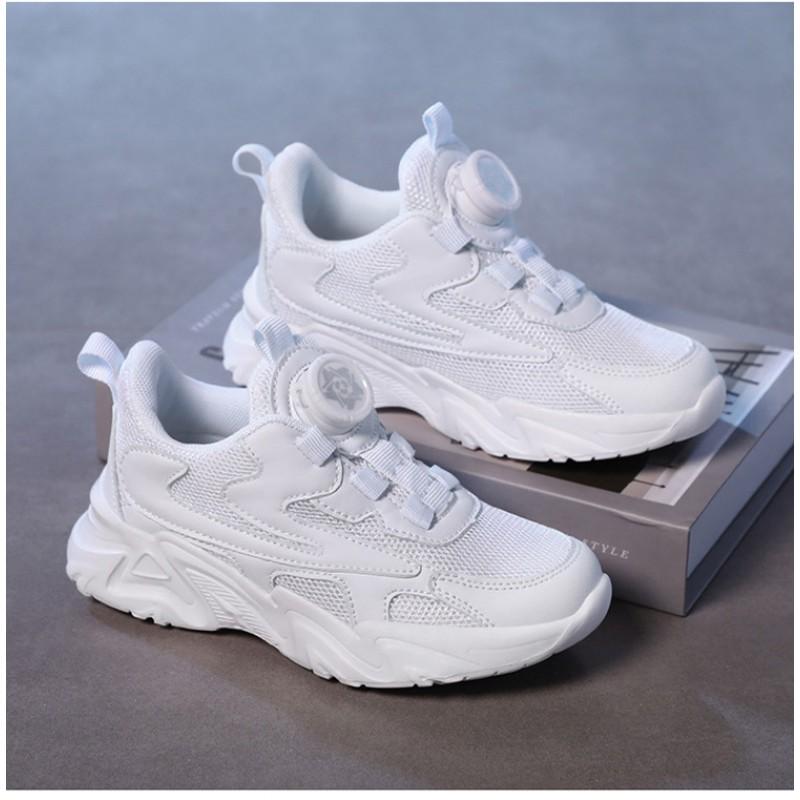 Boys Lightweight Breathable Sneakers With Rotating Buckle Kids School Shoes White Mesh Leather