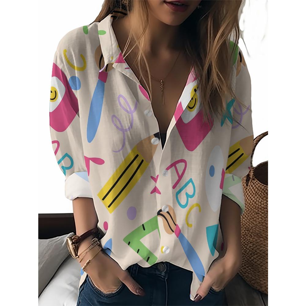 Sommer Minimalistisches Hemd mit Digitalem Blumenprint Knopfleistenhemd Oberteil für Damen Hawaiianischer Strandurlaub Lässiges Hemd