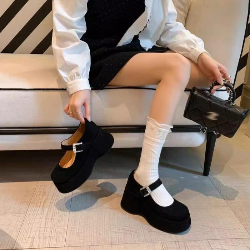 Women's Mary Jane Shoes Wedges Round Toe One-line Buckle High Heels Dress All-match Flannel Shallow Mouth Zapatillas De Mujer