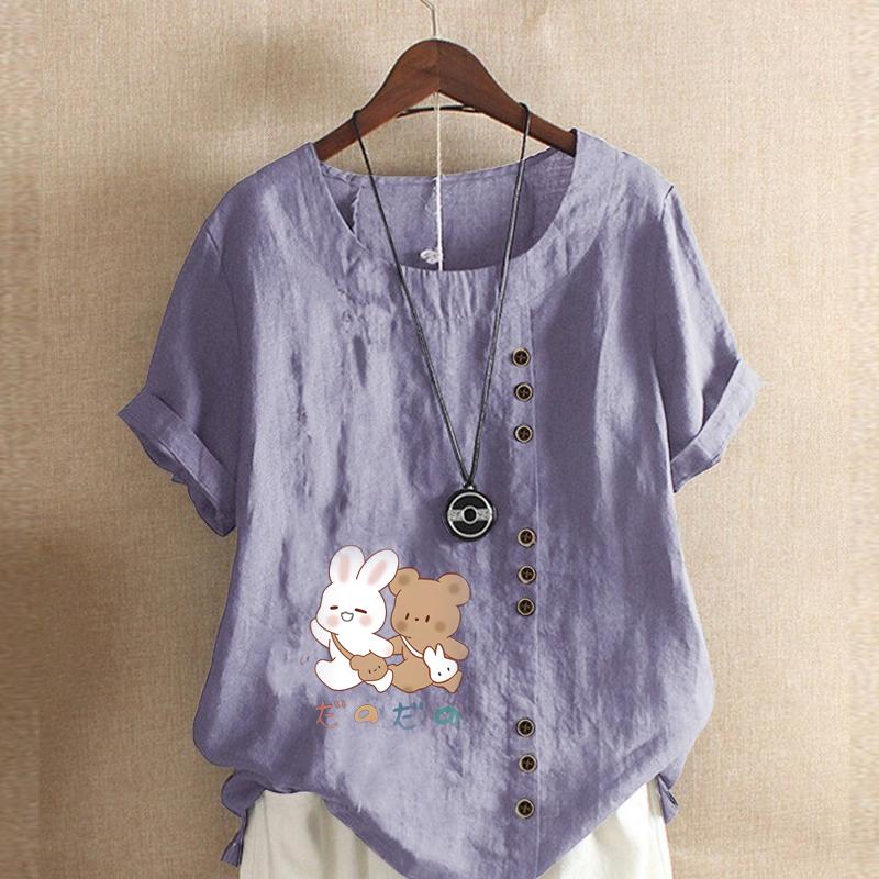 Women's New Fashion Linen Shirt Round Neck Short Sleeve Rabbit and Bear Printed T-shirt Summer Ladies Casual Plus Size Blouse Tops