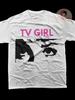 White Tshirt Tv Girl Pink Text And Black And White Eye Pattern Printed Neutral Casual Street Wear Fashion Summer Festival