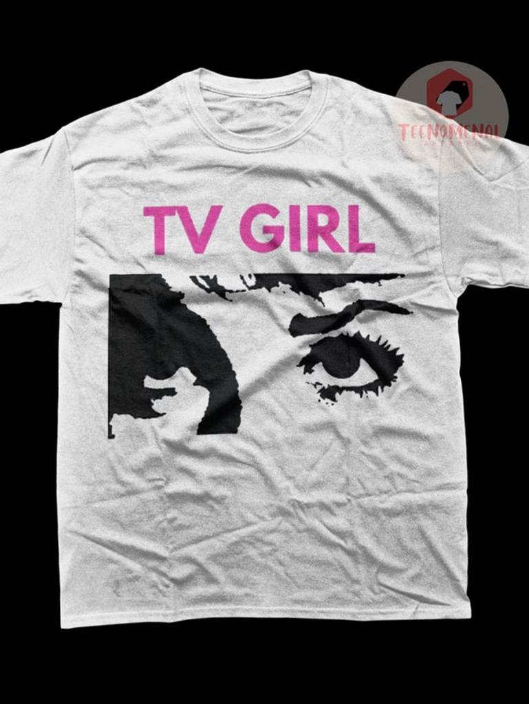 White Tshirt Tv Girl Pink Text And Black And White Eye Pattern Printed Neutral Casual Street Wear Fashion Summer Festival