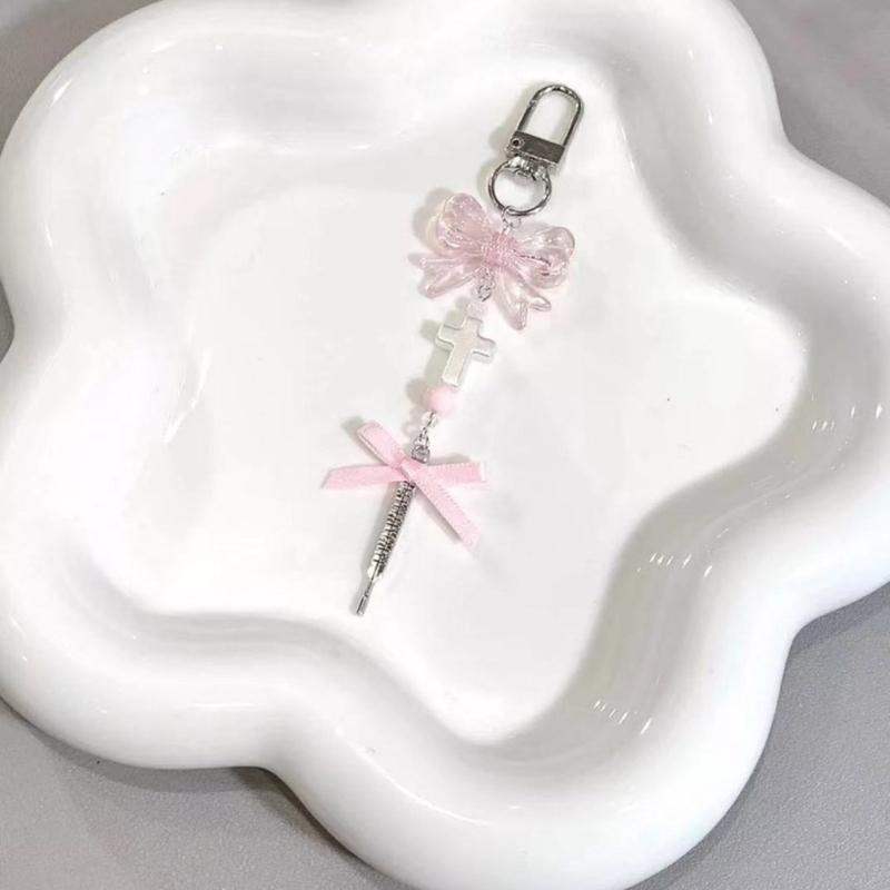 Cute Pink Butterfly Phone Charm Stylish Keychain Pendant Beaded Cellphone Pendant Phone Lanyard for Women and Girls