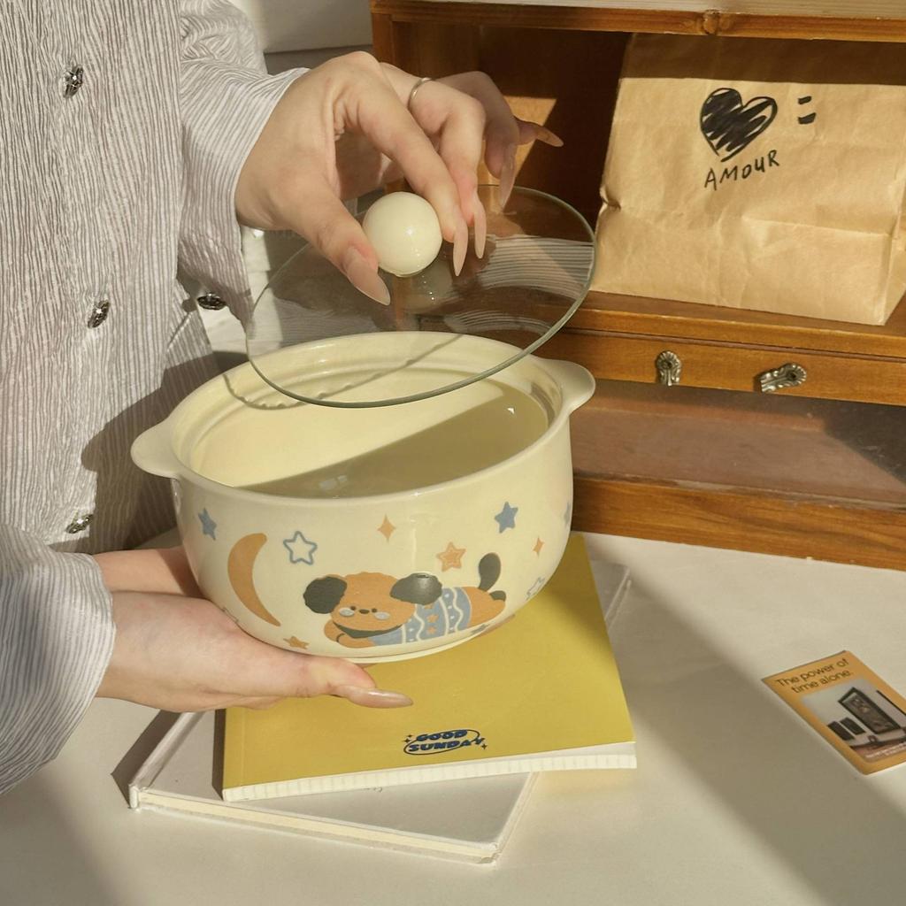 Ins Wind Cute Binaural Instant Noodle Bowl with Lid Household New Noodle Bowl Cream Wind Ceramic Snail Powder Bowl