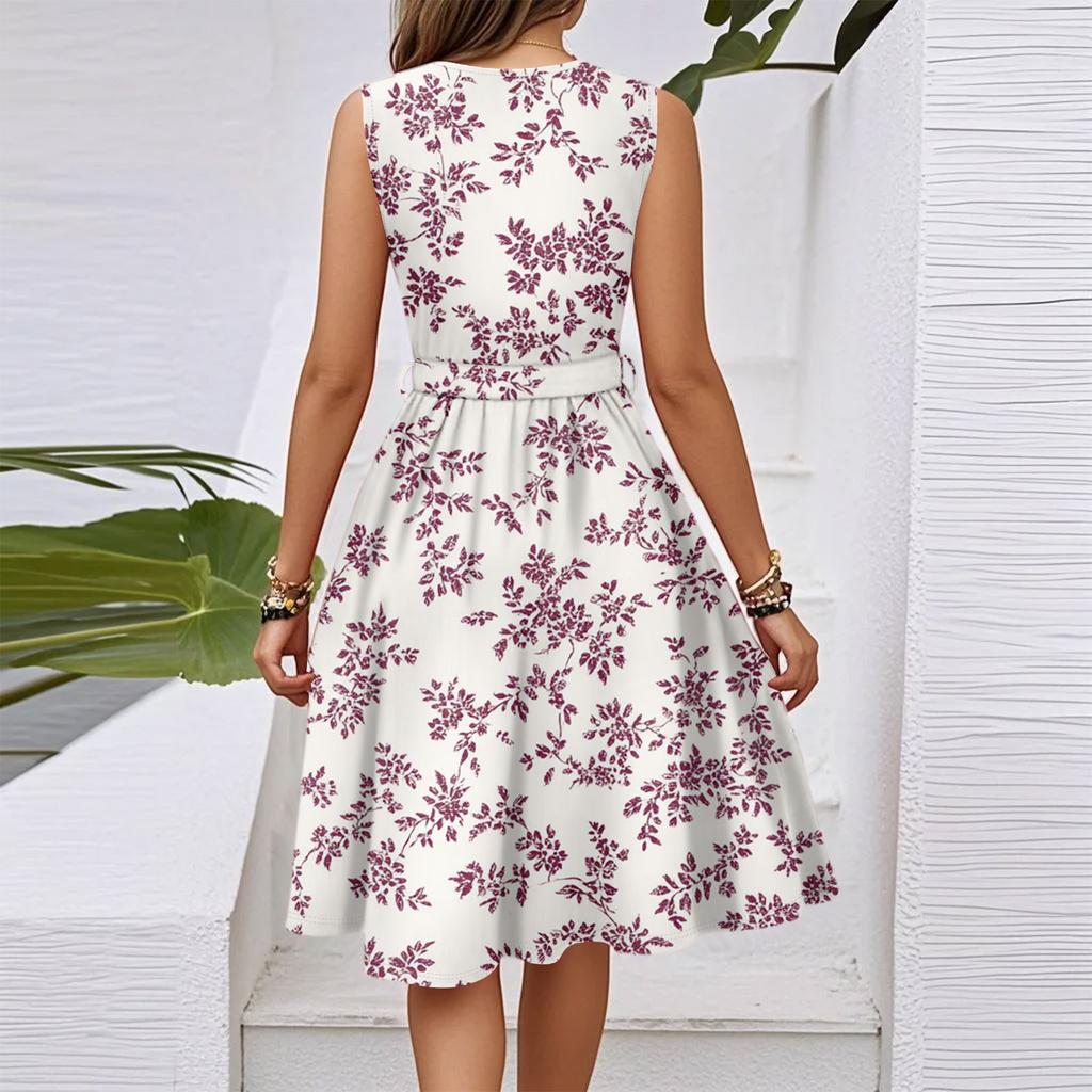 Vestido midi casual feminino primavera e verão, decote em V, sem mangas, cintura, estampa floral