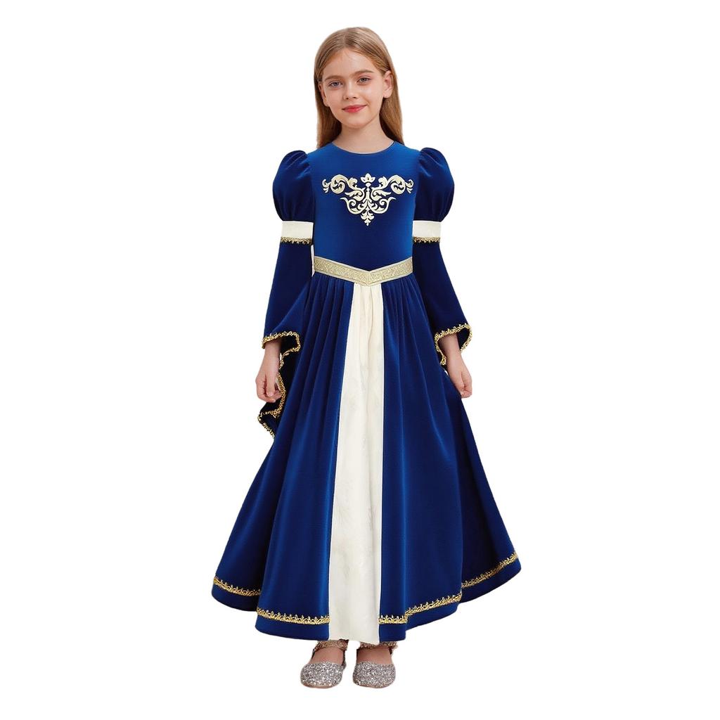 Luxury Medieval Princess Gown for Kids: Detailed Patchwork, Bell Sleeves, Gold Print & Waist Band for Renaissance Theme Event