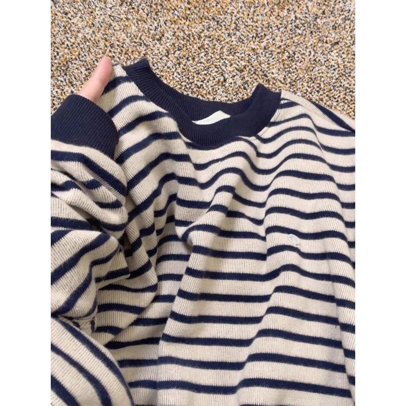 

Американский свитер оверсайз в полоску с круглым вырезом, женский, весна-осень 2025, новинка, бестселлер, свободный, уникальный, очень красивые топы Navy blue Quality Edition S