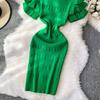 Summer Women Elegant Ruffle Metal Button Office Work Knitted Sheath Sweater Mini Dresses