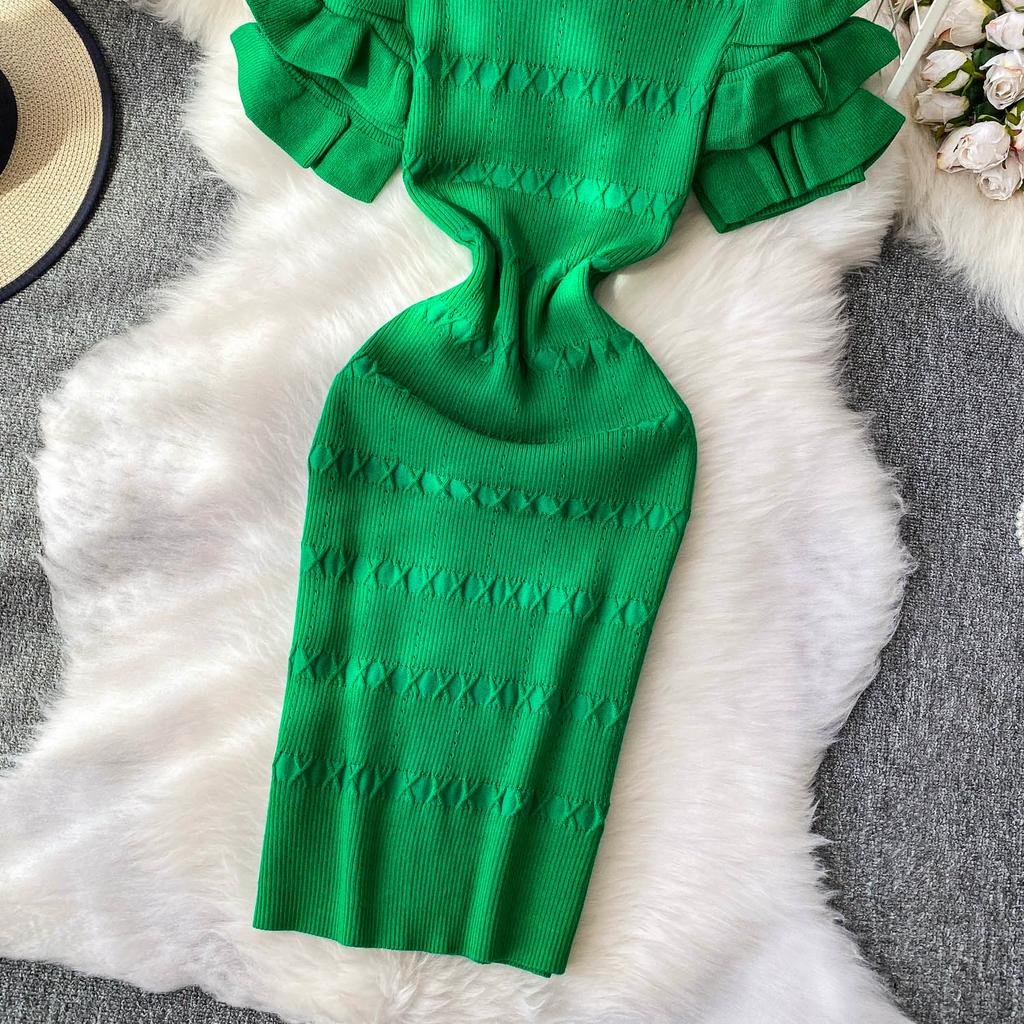 Summer Women Elegant Ruffle Metal Button Office Work Knitted Sheath Sweater Mini Dresses