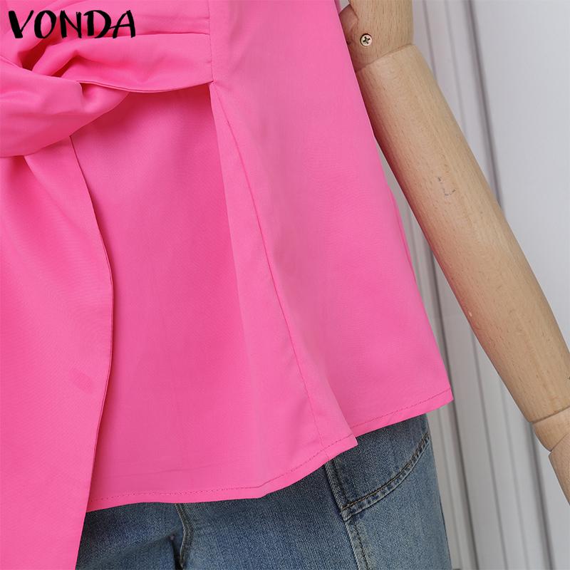 VONDA Women O Neck Sleeveless Front Knot Patchwork Solid Color Tank Tops